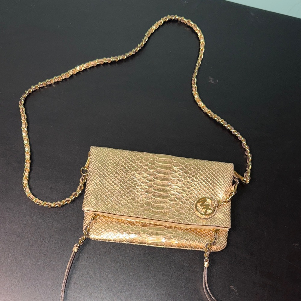 Michael Kors Gold Designer Clutch Bag with shoulder strap